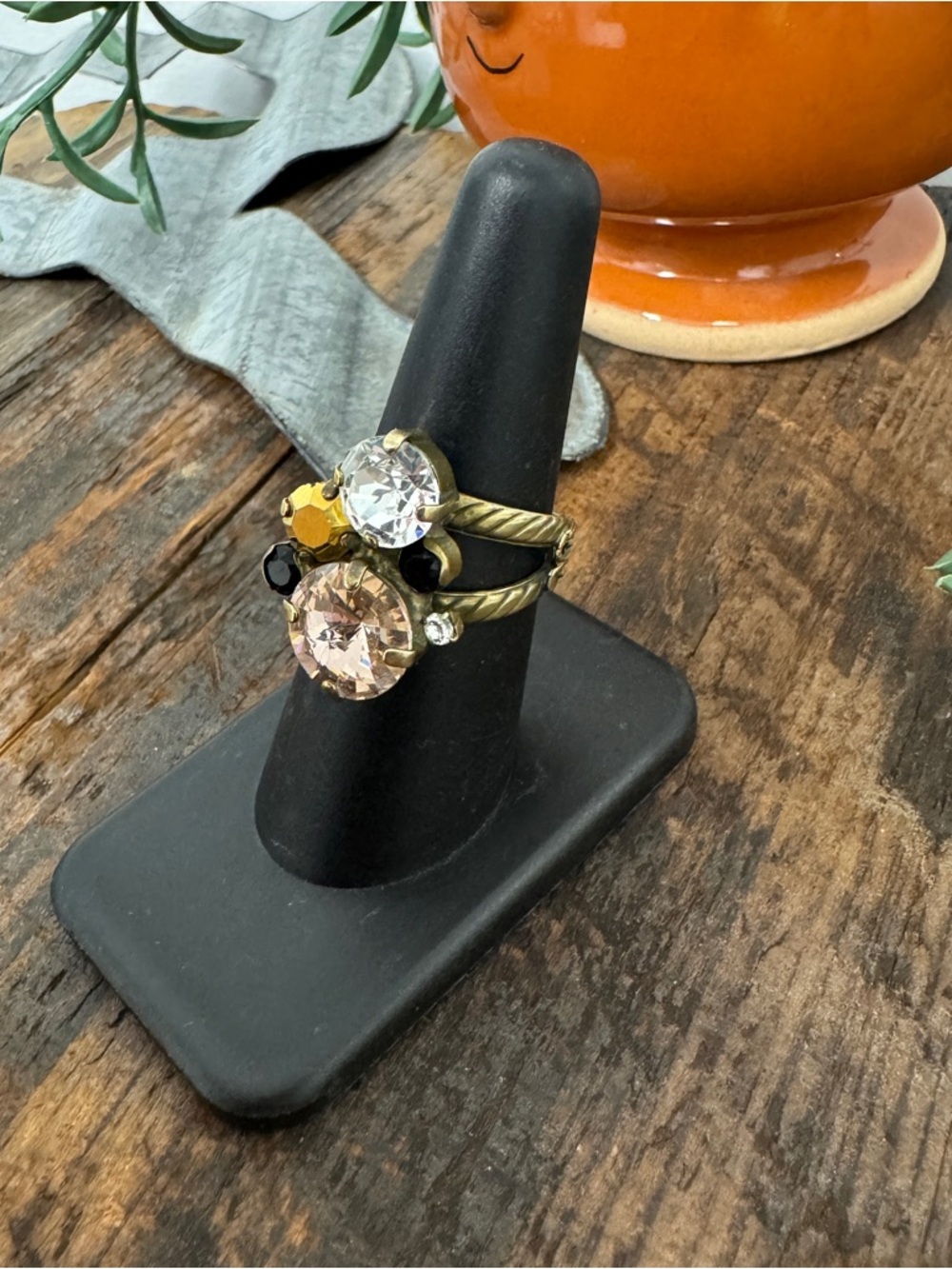 Sorelli Gold-Tone Champagne Peach Black Faceted Cluster Stones Statement Ring